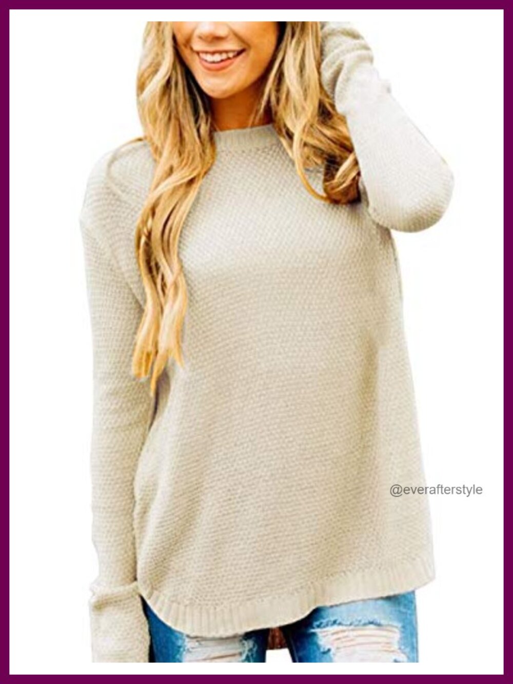 Waffle Knit Crew Neck Pullover Sweater Long Sleeve